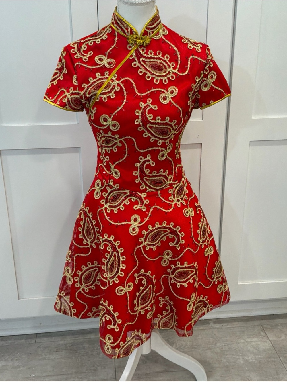 Red Gold Satin Floral Cheongsam Qipao Fit Flare Dress Short Slv Mandarin Neck S